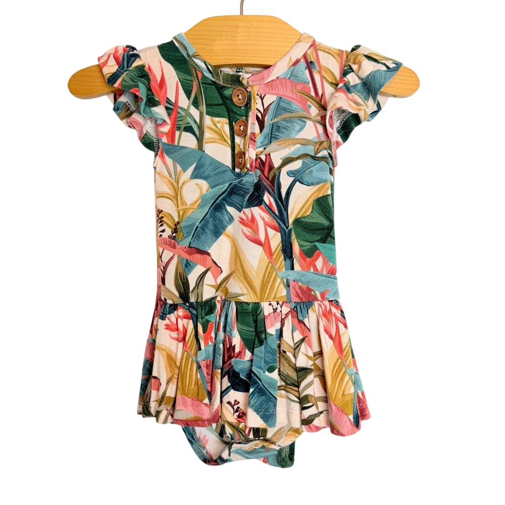 Posh Peanut Tropical Botanical Bamboo Ruffle Romper Dress 3-6 Months